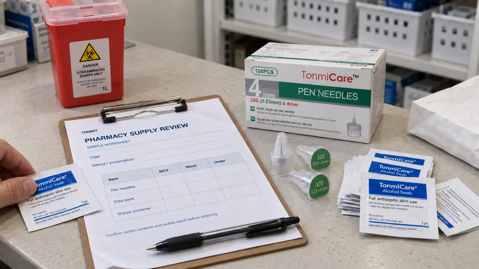 Illustrative pharmacy stock review with sealed pen needles, alcohol swabs and a blank supply worksheet