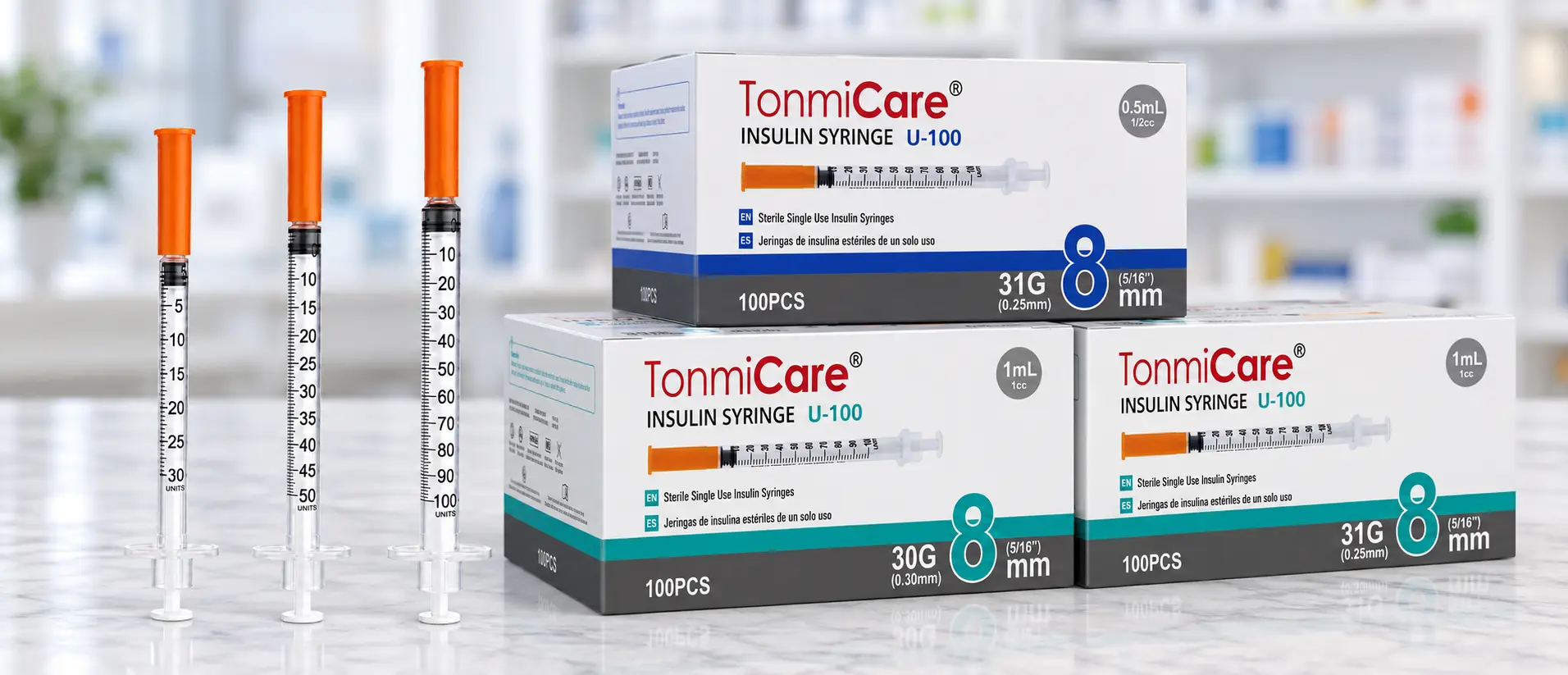 Tonmit insulin syringes and product boxes in multiple wholesale configurations
