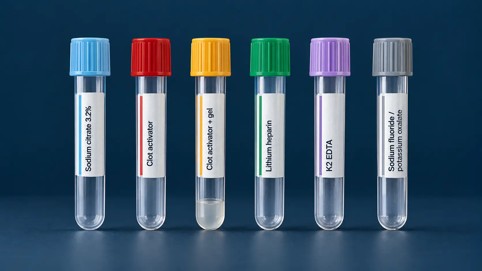 Six blood collection tubes with light blue, red, gold, green, lavender and gray caps and additive labels