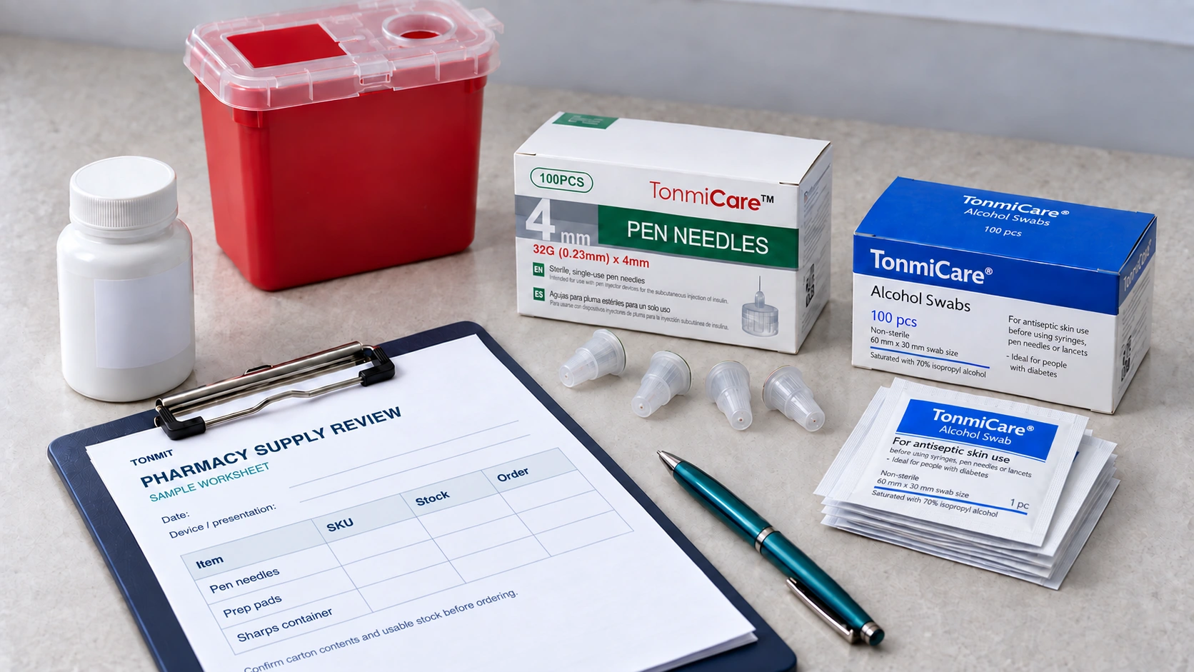 Five pharmacy accessory checks: identify the medicine and device, check needle configuration, reconcile continuing needs, deduct usable supplies and confirm before release
