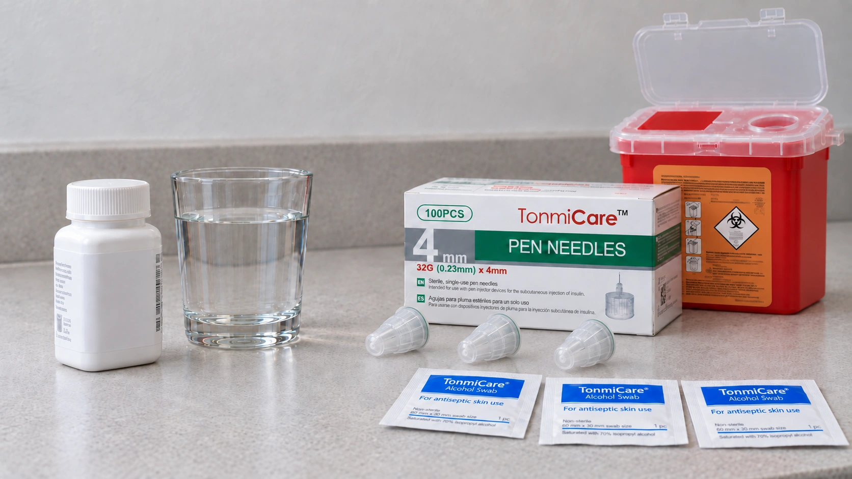 Illustration comparing a closed oral medicine bottle and water with generic injection pens, sealed needles, prep pads, gauze and a sharps container