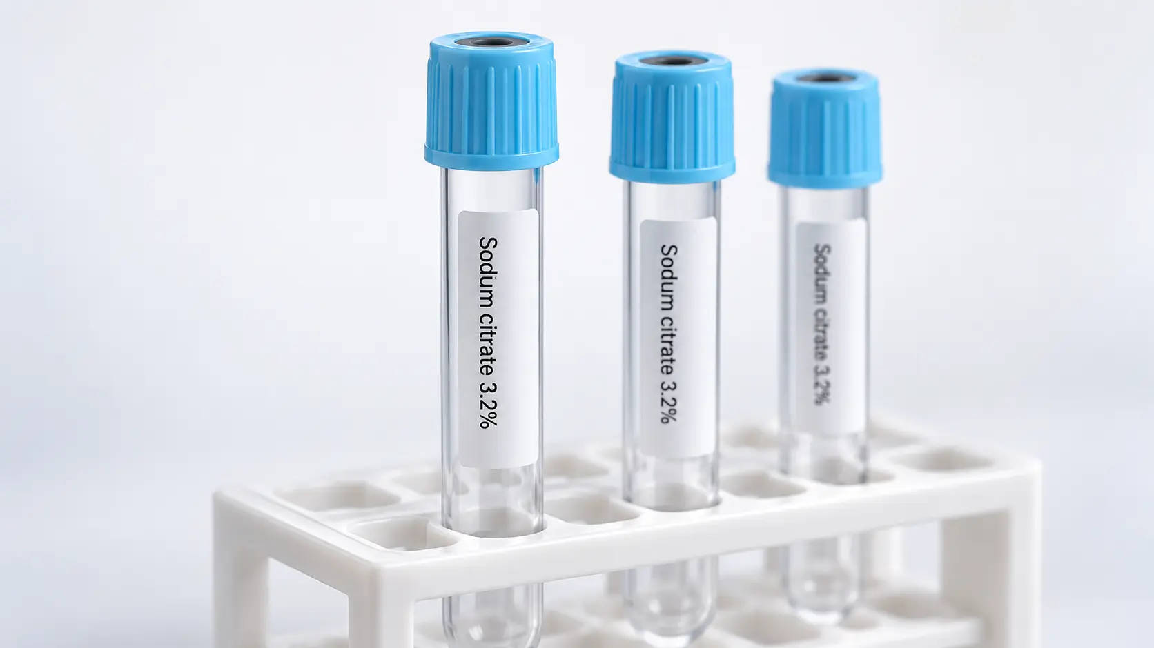 Three light-blue-capped tubes labeled sodium citrate 3.2% in a white laboratory rack