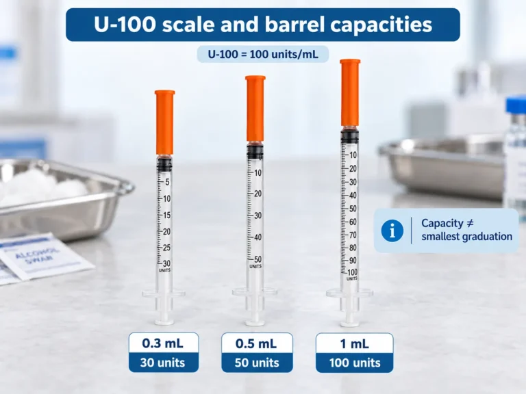 Comparison of U-100 insulin syringe capacities: 0.3 mL (30 units), 0.5 mL (50 units), and 1 mL (100 units).