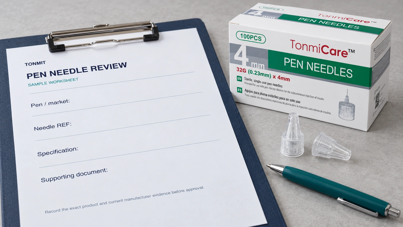 Illustration of TonmiCare pen needle packaging and sealed needle units beside a blank sample review worksheet on a navy clipboard