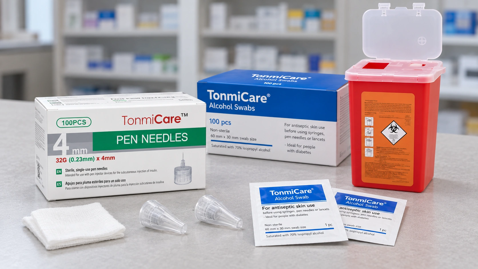 Illustration of TonmiCare pen needles, alcohol swabs, gauze and a red sharps container for pharmacy supply planning